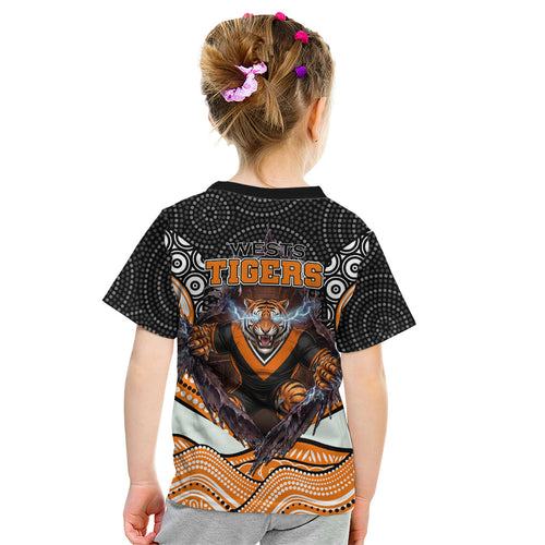 Wests Tigers Kid T Shirt The Scream of Lightning Eyes - Indigenous Dot Ripping Effect