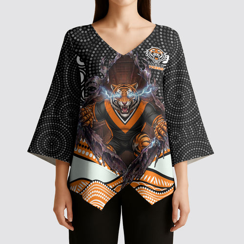 Wests Tigers Kimono Sleeve Blouse The Scream of Lightning Eyes - Indigenous Dot Ripping Effect