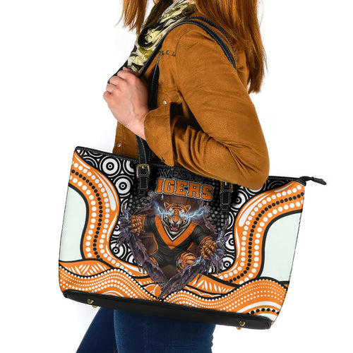 Wests Tigers Leather Tote Bag The Scream of Lightning Eyes - Indigenous Dot Ripping Effect