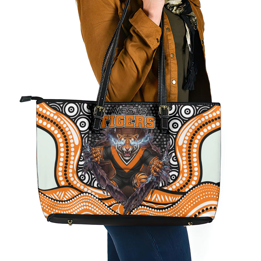 Wests Tigers Leather Tote Bag The Scream of Lightning Eyes - Indigenous Dot Ripping Effect