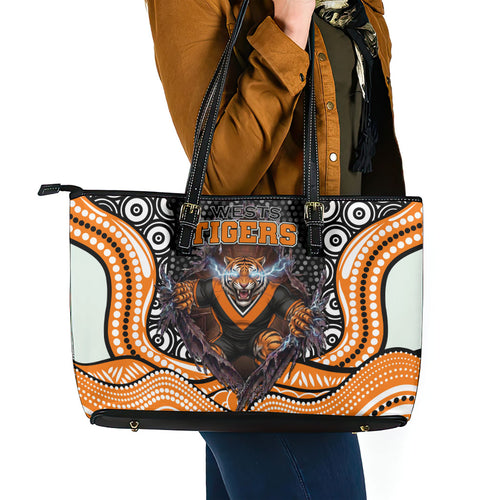 Wests Tigers Leather Tote Bag The Scream of Lightning Eyes - Indigenous Dot Ripping Effect