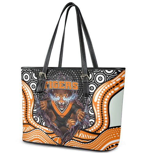 Wests Tigers Leather Tote Bag The Scream of Lightning Eyes - Indigenous Dot Ripping Effect