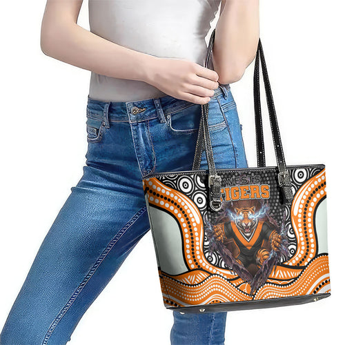 Wests Tigers Leather Tote Bag The Scream of Lightning Eyes - Indigenous Dot Ripping Effect
