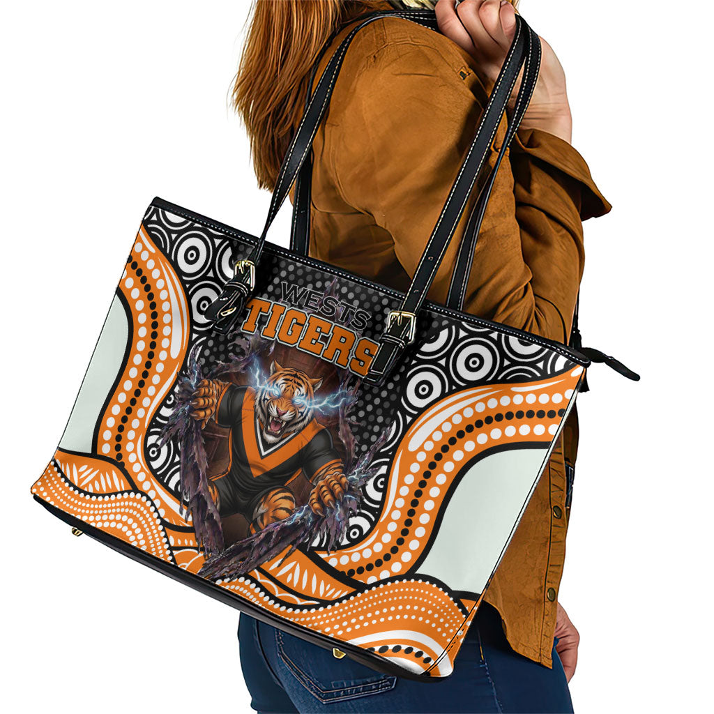 Wests Tigers Leather Tote Bag The Scream of Lightning Eyes - Indigenous Dot Ripping Effect