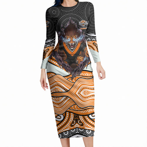 Wests Tigers Long Sleeve Bodycon Dress The Scream of Lightning Eyes - Indigenous Dot Ripping Effect