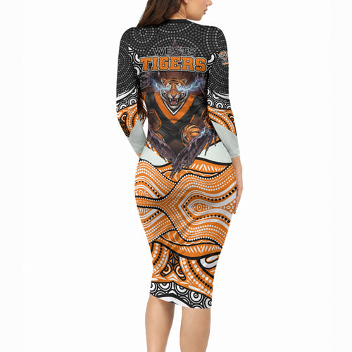 Wests Tigers Long Sleeve Bodycon Dress The Scream of Lightning Eyes - Indigenous Dot Ripping Effect