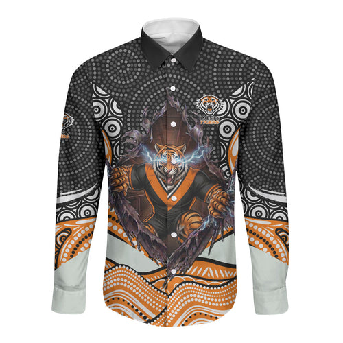 Wests Tigers Long Sleeve Button Shirt The Scream of Lightning Eyes - Indigenous Dot Ripping Effect