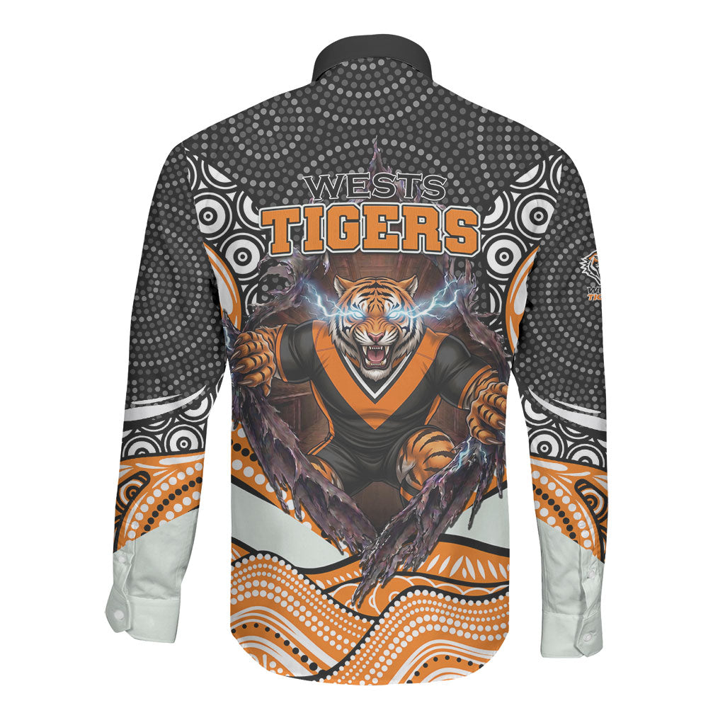 Wests Tigers Long Sleeve Button Shirt The Scream of Lightning Eyes - Indigenous Dot Ripping Effect