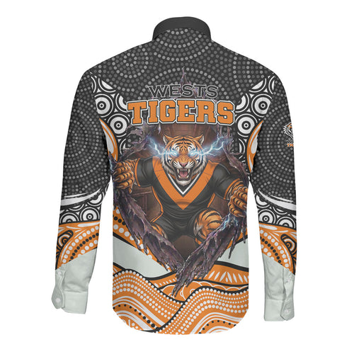 Wests Tigers Long Sleeve Button Shirt The Scream of Lightning Eyes - Indigenous Dot Ripping Effect