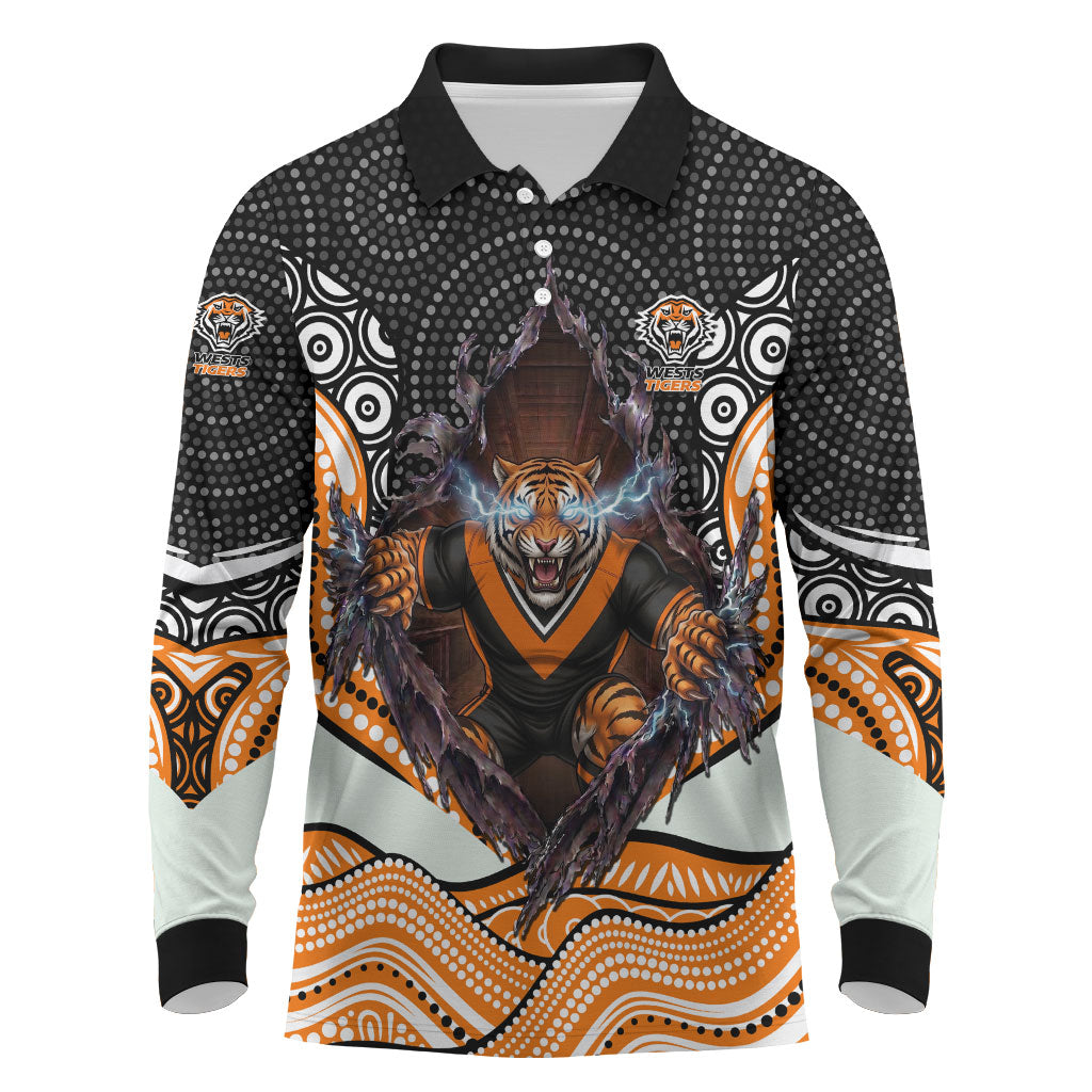 Wests Tigers Long Sleeve Polo Shirt The Scream of Lightning Eyes - Indigenous Dot Ripping Effect