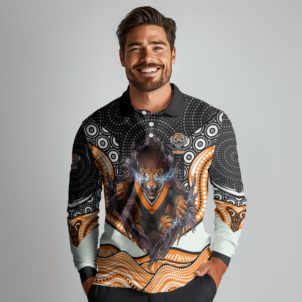 Wests Tigers Long Sleeve Polo Shirt The Scream of Lightning Eyes - Indigenous Dot Ripping Effect