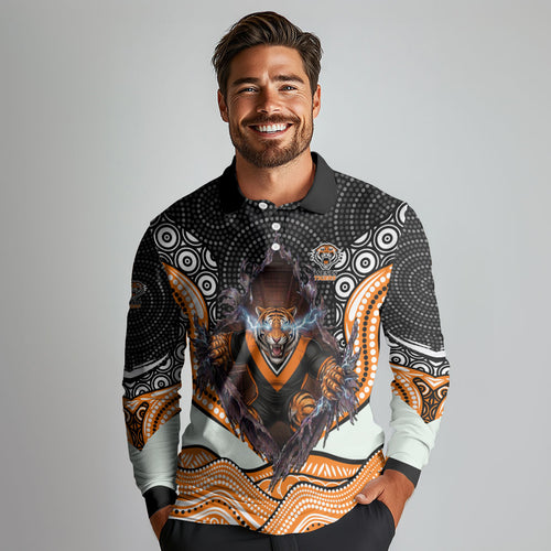 Wests Tigers Long Sleeve Polo Shirt The Scream of Lightning Eyes - Indigenous Dot Ripping Effect