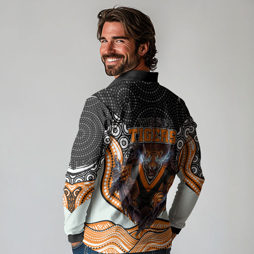 Wests Tigers Long Sleeve Polo Shirt The Scream of Lightning Eyes - Indigenous Dot Ripping Effect
