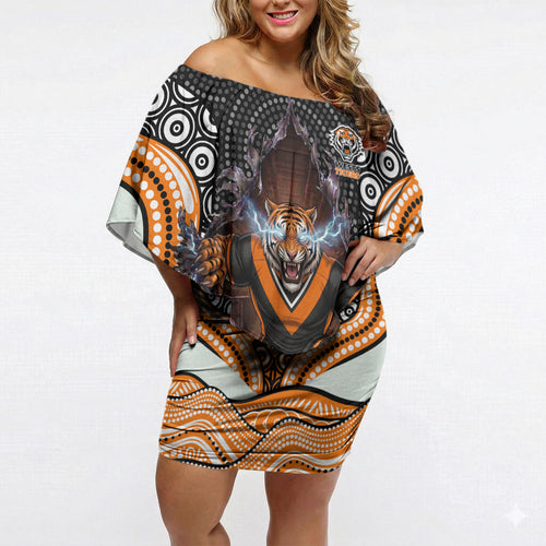 Wests Tigers Off Shoulder Short Dress The Scream of Lightning Eyes - Indigenous Dot Ripping Effect