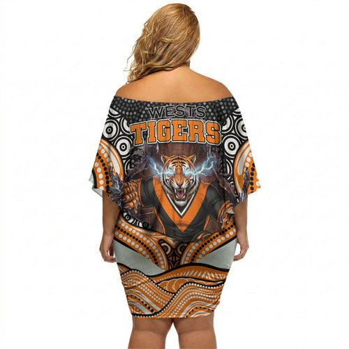 Wests Tigers Off Shoulder Short Dress The Scream of Lightning Eyes - Indigenous Dot Ripping Effect