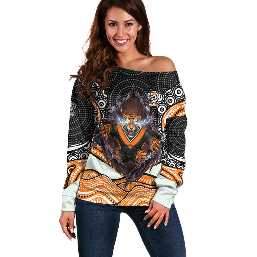 Wests Tigers Off Shoulder Sweater The Scream of Lightning Eyes - Indigenous Dot Ripping Effect