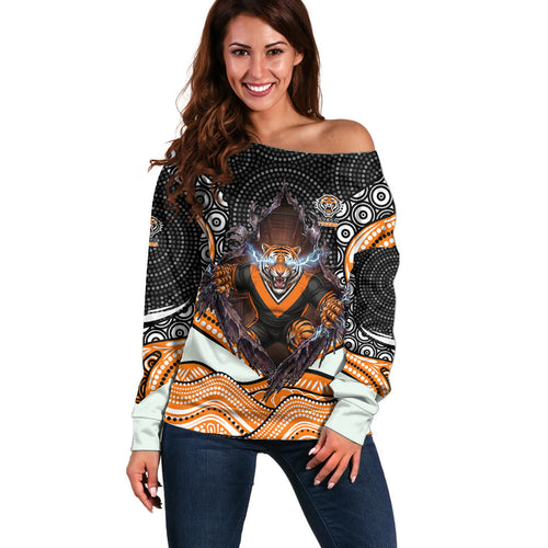Wests Tigers Off Shoulder Sweater The Scream of Lightning Eyes - Indigenous Dot Ripping Effect