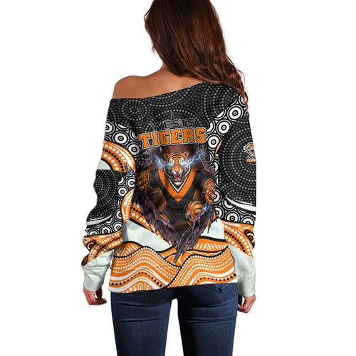 Wests Tigers Off Shoulder Sweater The Scream of Lightning Eyes - Indigenous Dot Ripping Effect