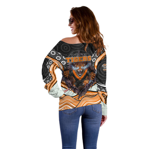 Wests Tigers Off Shoulder Sweater The Scream of Lightning Eyes - Indigenous Dot Ripping Effect
