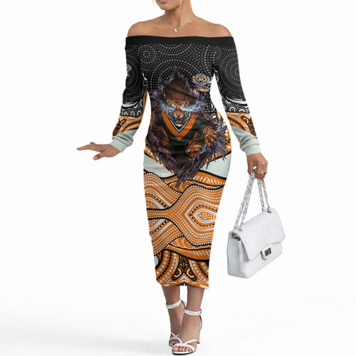 Wests Tigers Off The Shoulder Long Sleeve Dress The Scream of Lightning Eyes - Indigenous Dot Ripping Effect