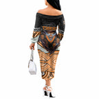 Wests Tigers Off The Shoulder Long Sleeve Dress The Scream of Lightning Eyes - Indigenous Dot Ripping Effect