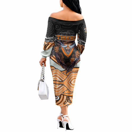 Wests Tigers Off The Shoulder Long Sleeve Dress The Scream of Lightning Eyes - Indigenous Dot Ripping Effect