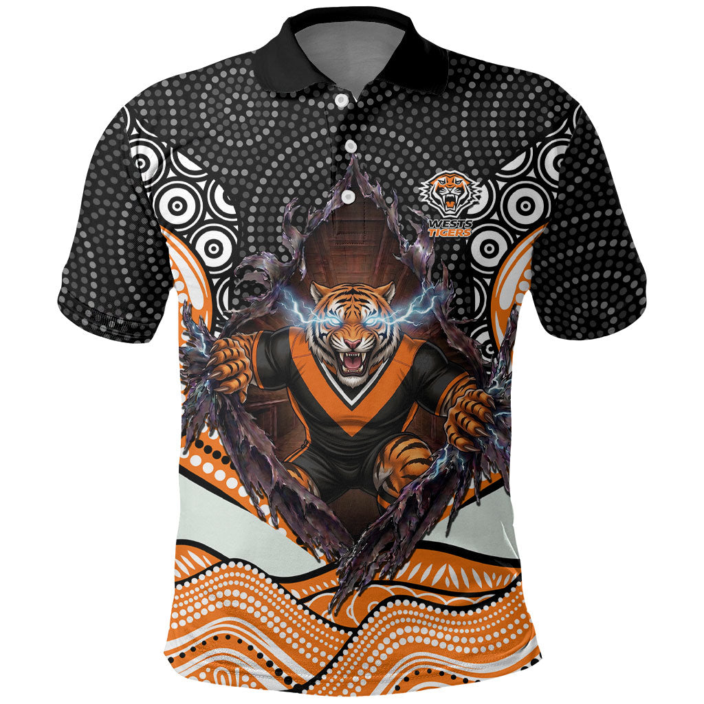 Wests Tigers Polo Shirt The Scream of Lightning Eyes - Indigenous Dot Ripping Effect