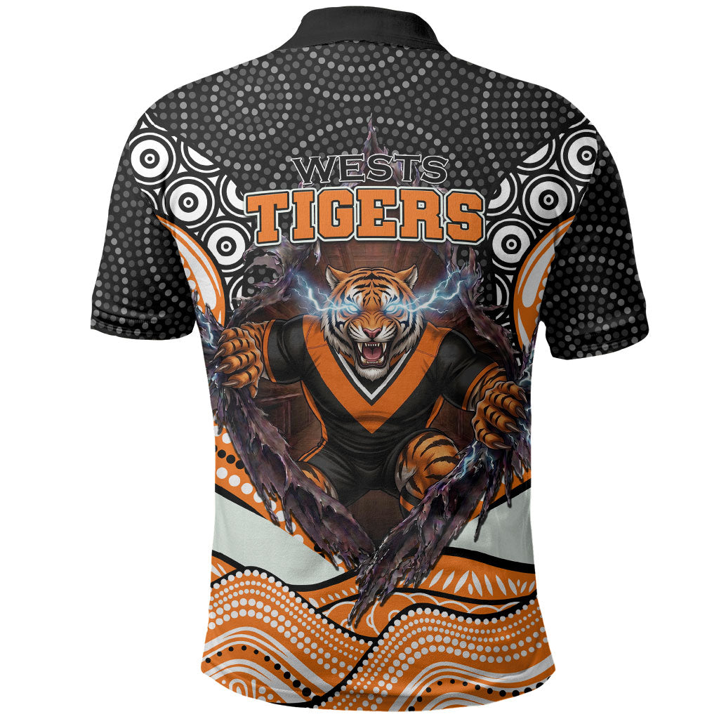 Wests Tigers Polo Shirt The Scream of Lightning Eyes - Indigenous Dot Ripping Effect