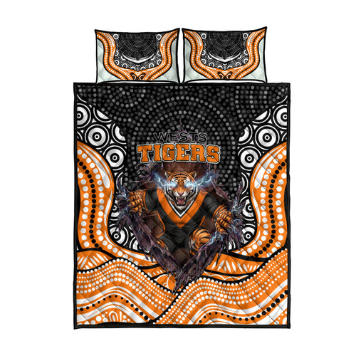 Wests Tigers Quilt Bed Set The Scream of Lightning Eyes - Indigenous Dot Ripping Effect