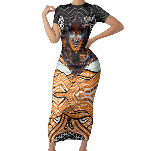 Wests Tigers Short Sleeve Bodycon Dress The Scream of Lightning Eyes - Indigenous Dot Ripping Effect