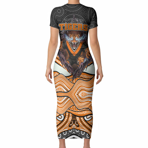 Wests Tigers Short Sleeve Bodycon Dress The Scream of Lightning Eyes - Indigenous Dot Ripping Effect