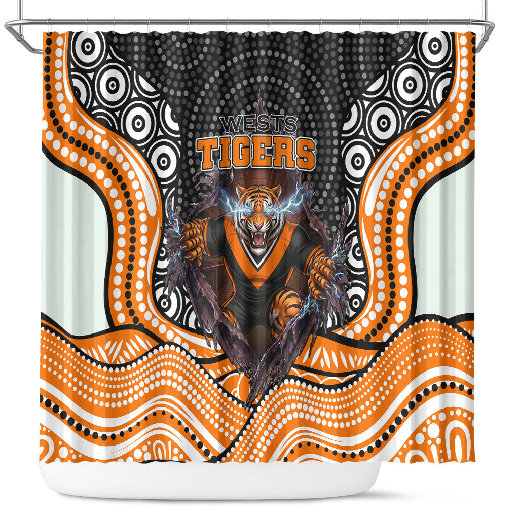 Wests Tigers Shower Curtain The Scream of Lightning Eyes - Indigenous Dot Ripping Effect