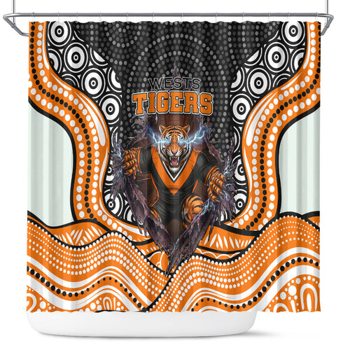 Wests Tigers Shower Curtain The Scream of Lightning Eyes - Indigenous Dot Ripping Effect