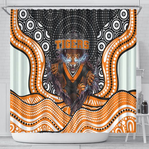 Wests Tigers Shower Curtain The Scream of Lightning Eyes - Indigenous Dot Ripping Effect