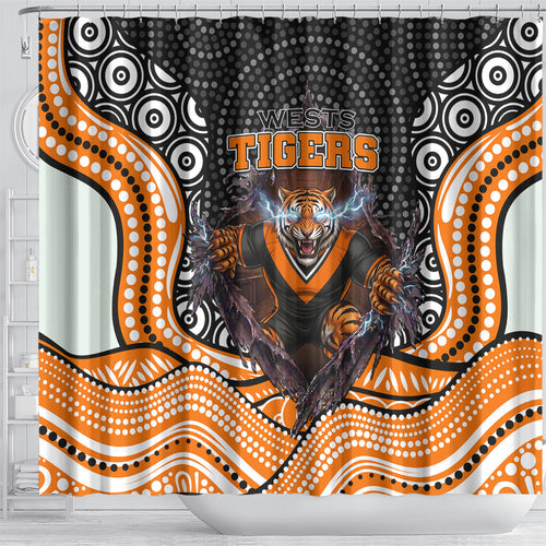 Wests Tigers Shower Curtain The Scream of Lightning Eyes - Indigenous Dot Ripping Effect