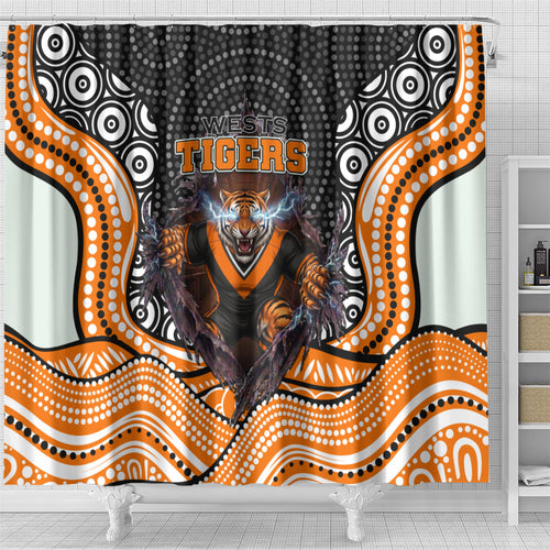 Wests Tigers Shower Curtain The Scream of Lightning Eyes - Indigenous Dot Ripping Effect