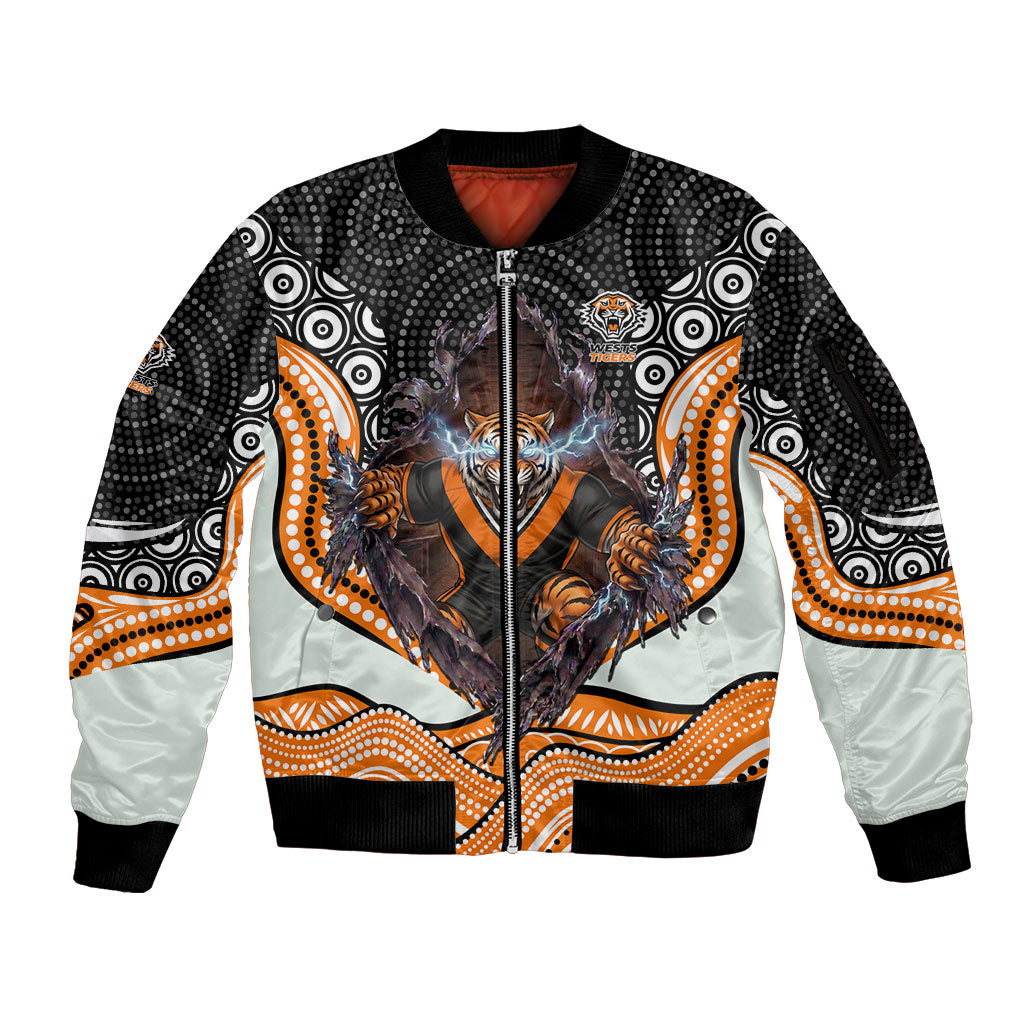 Wests Tigers Sleeve Zip Bomber Jacket The Scream of Lightning Eyes - Indigenous Dot Ripping Effect