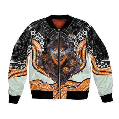 Wests Tigers Sleeve Zip Bomber Jacket The Scream of Lightning Eyes - Indigenous Dot Ripping Effect