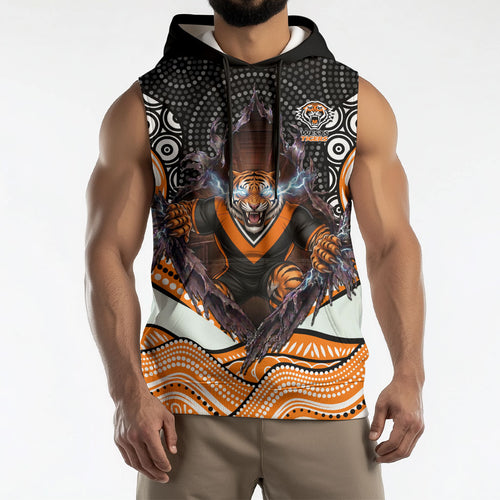 Wests Tigers Sleeveless Hoodie The Scream of Lightning Eyes - Indigenous Dot Ripping Effect