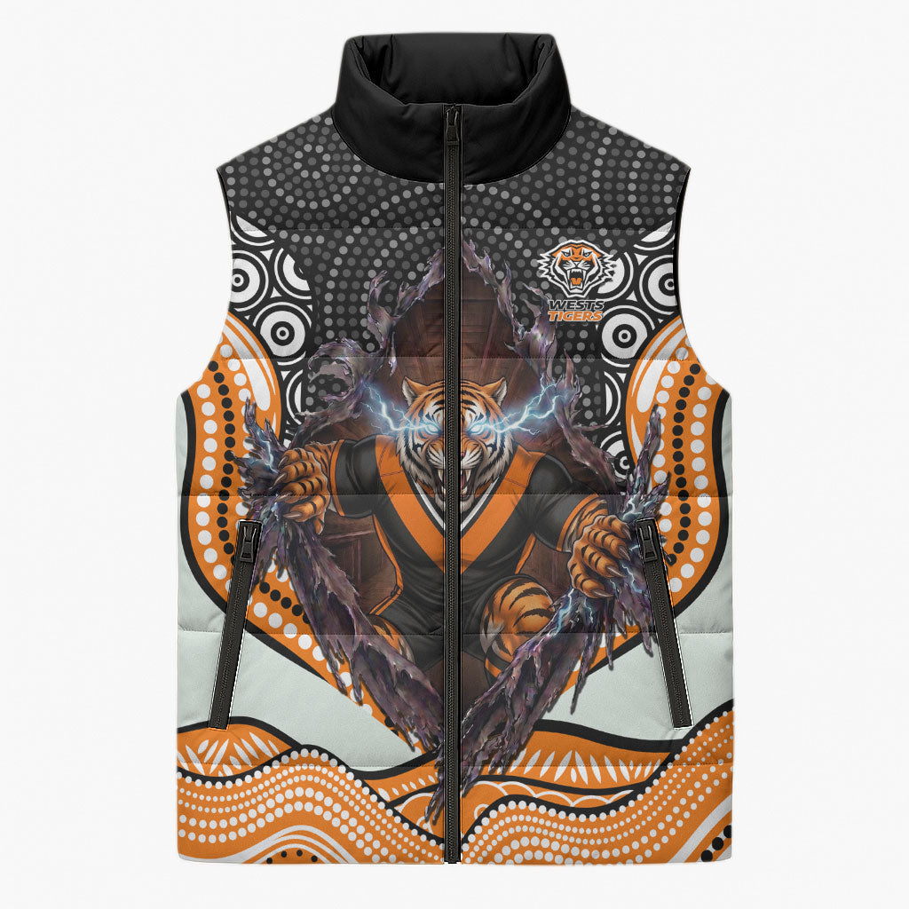Wests Tigers Sleeveless Puffer Jacket The Scream of Lightning Eyes - Indigenous Dot Ripping Effect