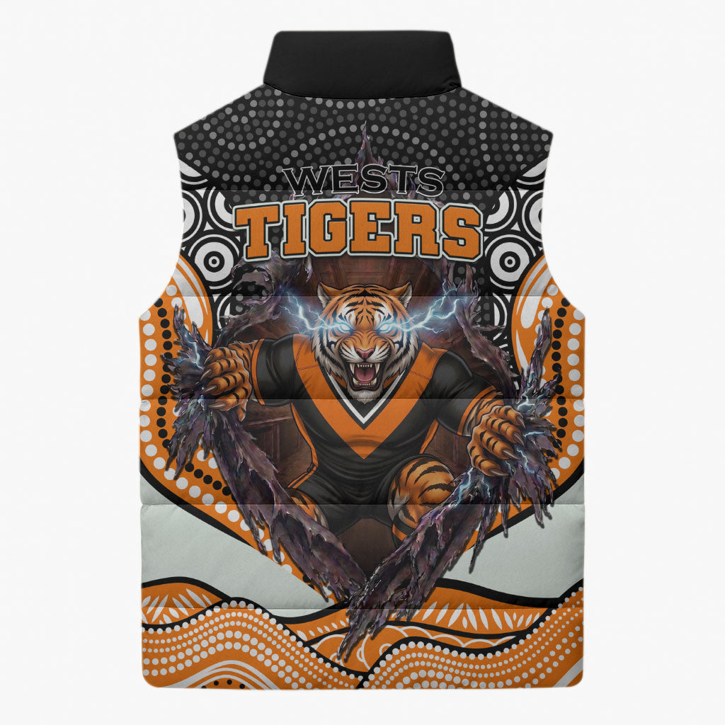 Wests Tigers Sleeveless Puffer Jacket The Scream of Lightning Eyes - Indigenous Dot Ripping Effect