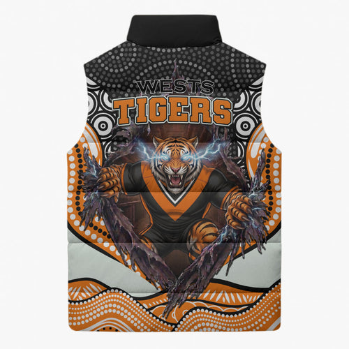 Wests Tigers Sleeveless Puffer Jacket The Scream of Lightning Eyes - Indigenous Dot Ripping Effect