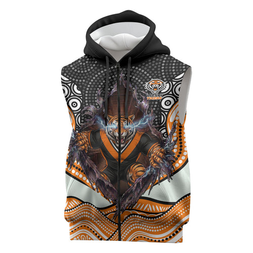 Wests Tigers Sleeveless Zip Hoodie The Scream of Lightning Eyes - Indigenous Dot Ripping Effect