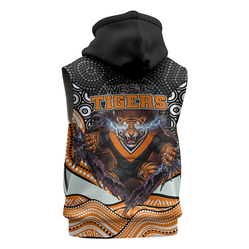 Wests Tigers Sleeveless Zip Hoodie The Scream of Lightning Eyes - Indigenous Dot Ripping Effect