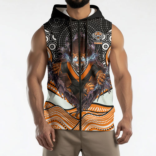 Wests Tigers Sleeveless Zip Hoodie The Scream of Lightning Eyes - Indigenous Dot Ripping Effect