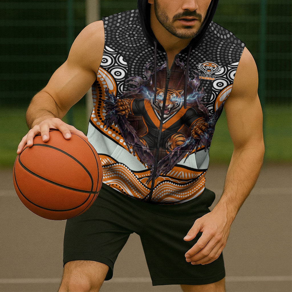 Wests Tigers Sleeveless Zip Hoodie The Scream of Lightning Eyes - Indigenous Dot Ripping Effect