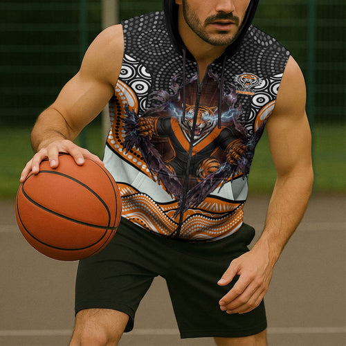 Wests Tigers Sleeveless Zip Hoodie The Scream of Lightning Eyes - Indigenous Dot Ripping Effect