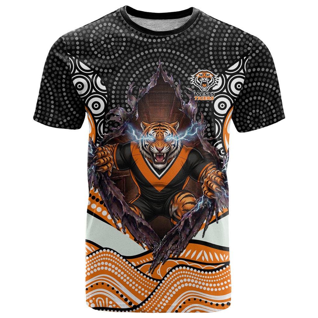 Wests Tigers T Shirt The Scream of Lightning Eyes - Indigenous Dot Ripping Effect