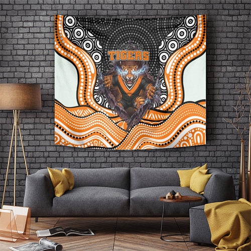 Wests Tigers Tapestry The Scream of Lightning Eyes - Indigenous Dot Ripping Effect