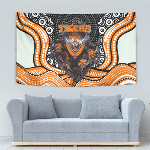Wests Tigers Tapestry The Scream of Lightning Eyes - Indigenous Dot Ripping Effect